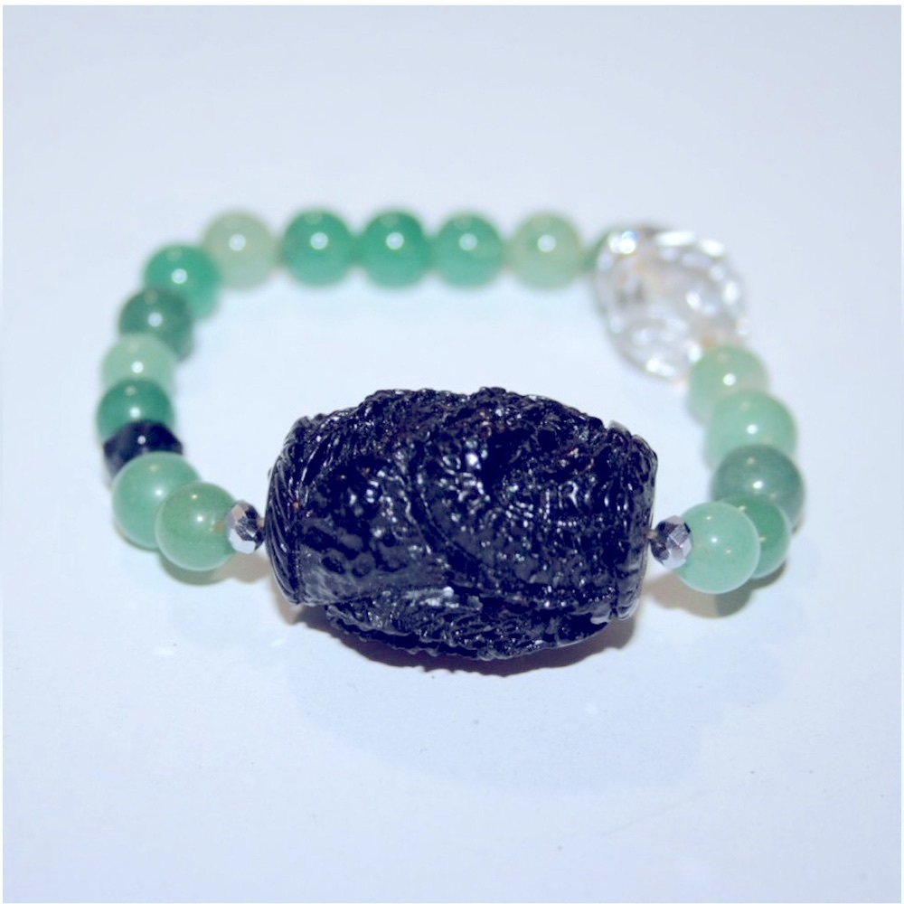 Bracelet Dragon, Green Aventurine beads,black carved bead, & crystal, stretchy